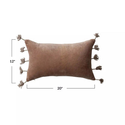 Cotton Velvet Lumbar Pillow w/ Metallic Thread Wrapped Tassels & Linen Back