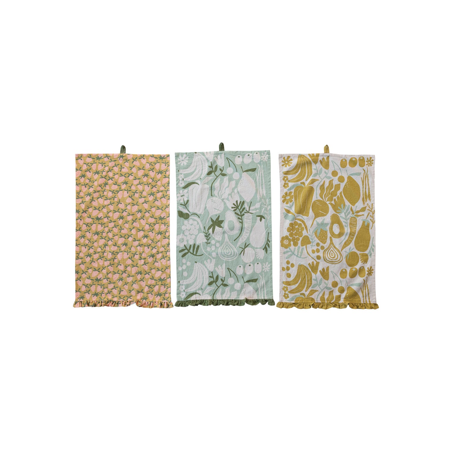 Three patterned towels hanging on a white background
