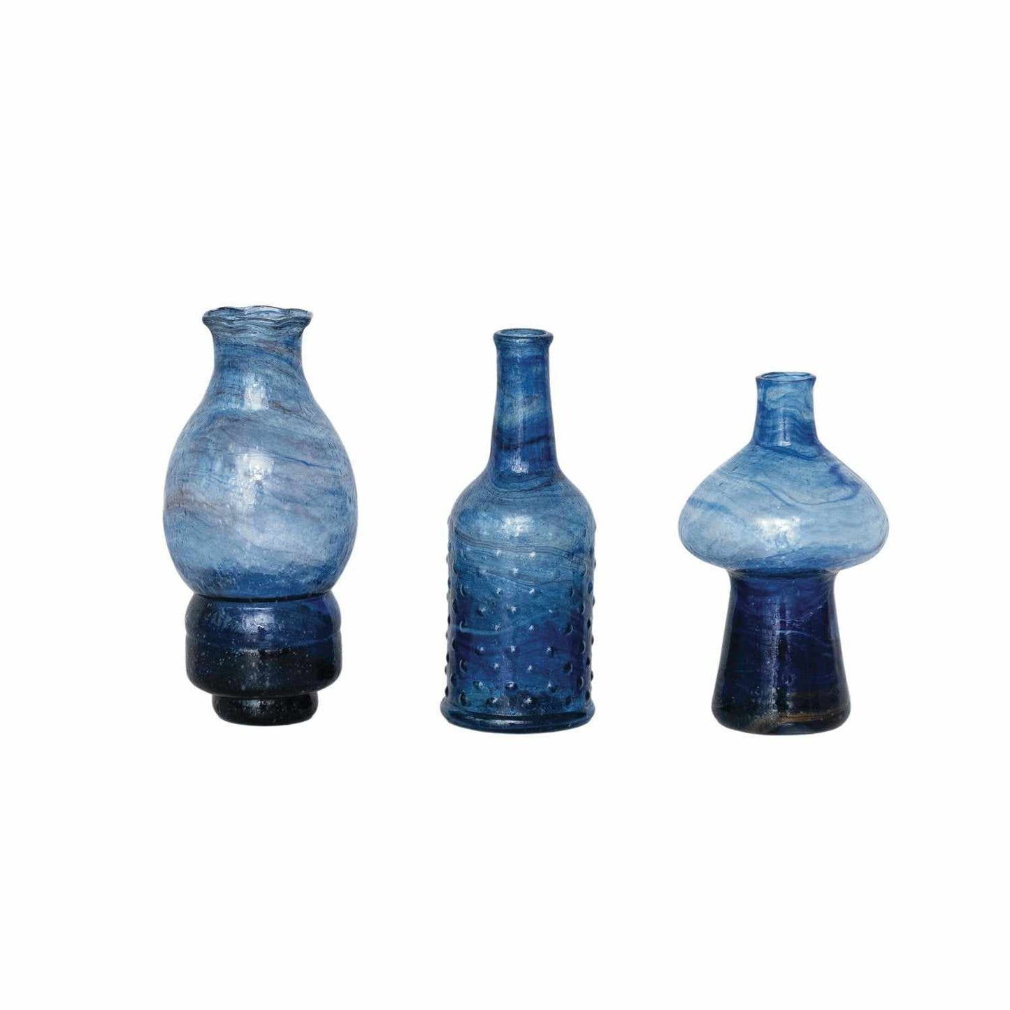 Hand-Blown Recycled Glass Vases, Blue, Set of 3