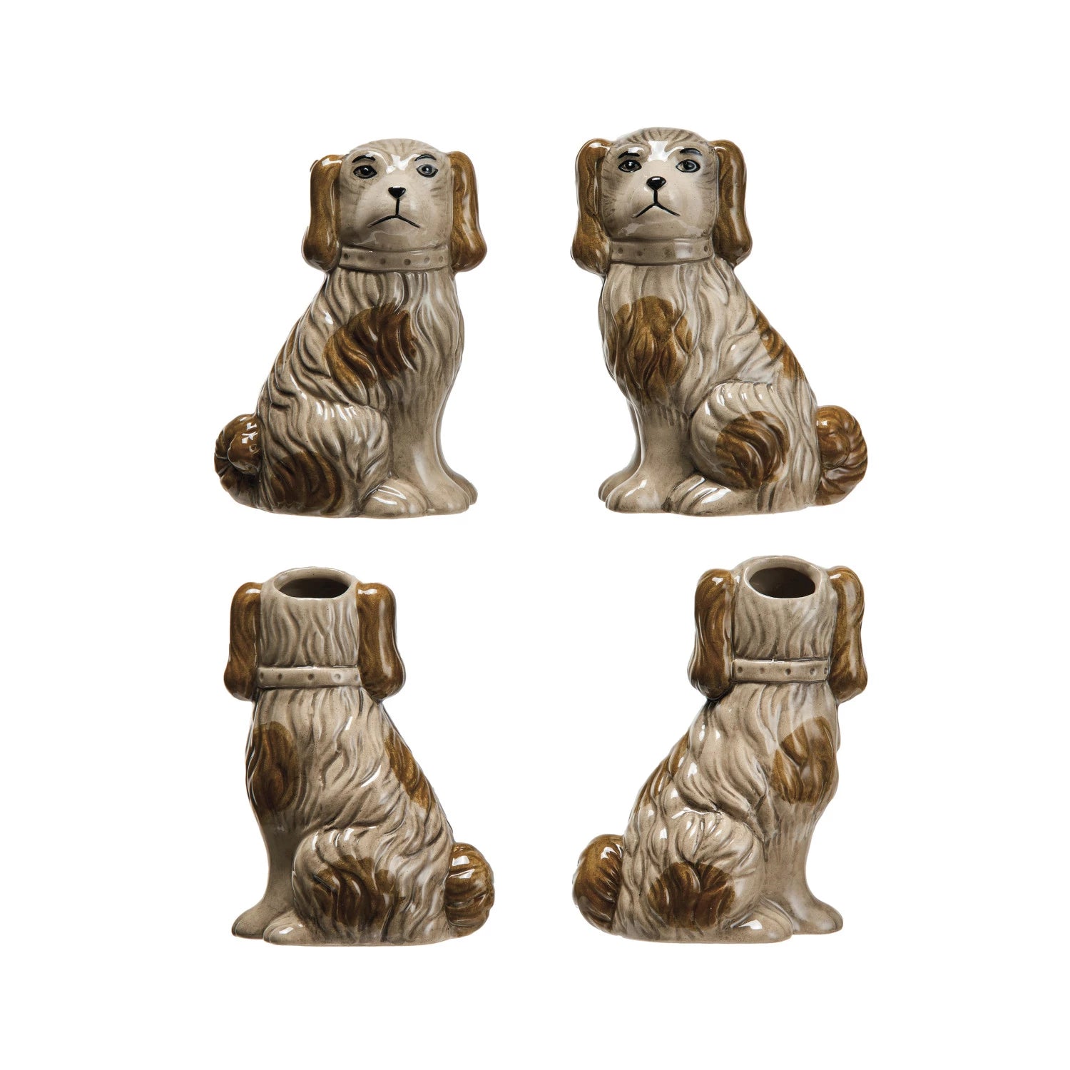 A set of two hand-painted vintage reproduction stoneware vases in the shape of dogs with a crackle glaze finish.