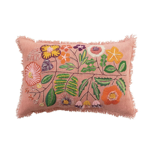 Cotton Lumbar Pillow w/ Embroidered Flowers & Eyelash Fringe