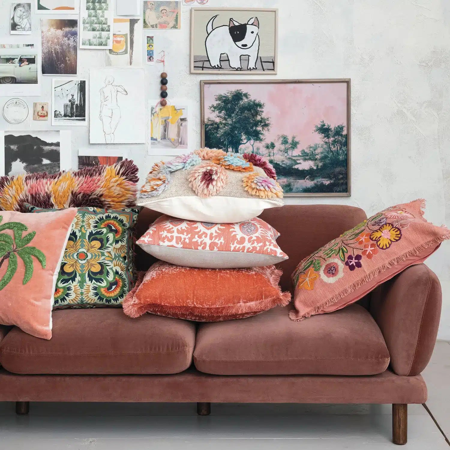 Cotton Lumbar Pillow w/ Embroidered Flowers & Eyelash Fringe