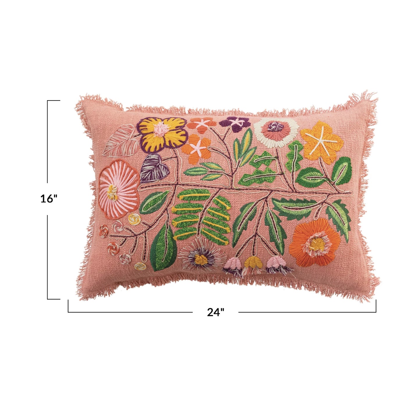 Cotton Lumbar Pillow w/ Embroidered Flowers & Eyelash Fringe