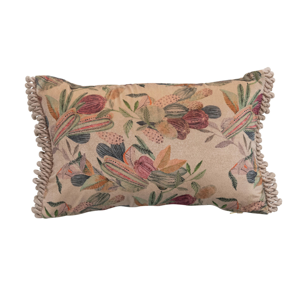 Fabric Velvet Printed Lumbar Pillow with Bullion Fringe