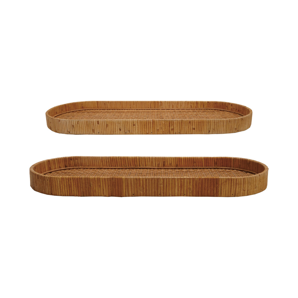 Oval Decorative Hand-Woven Rattan Trays, Natural, Set of 2