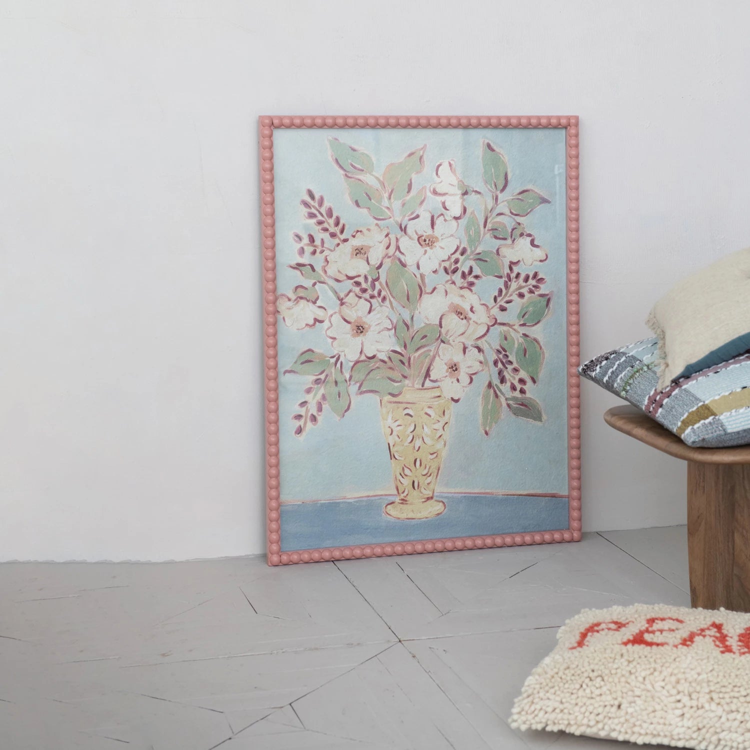 Wood Framed Glass Wall Décor w/ Flowers in Vase & Bobbin Frame