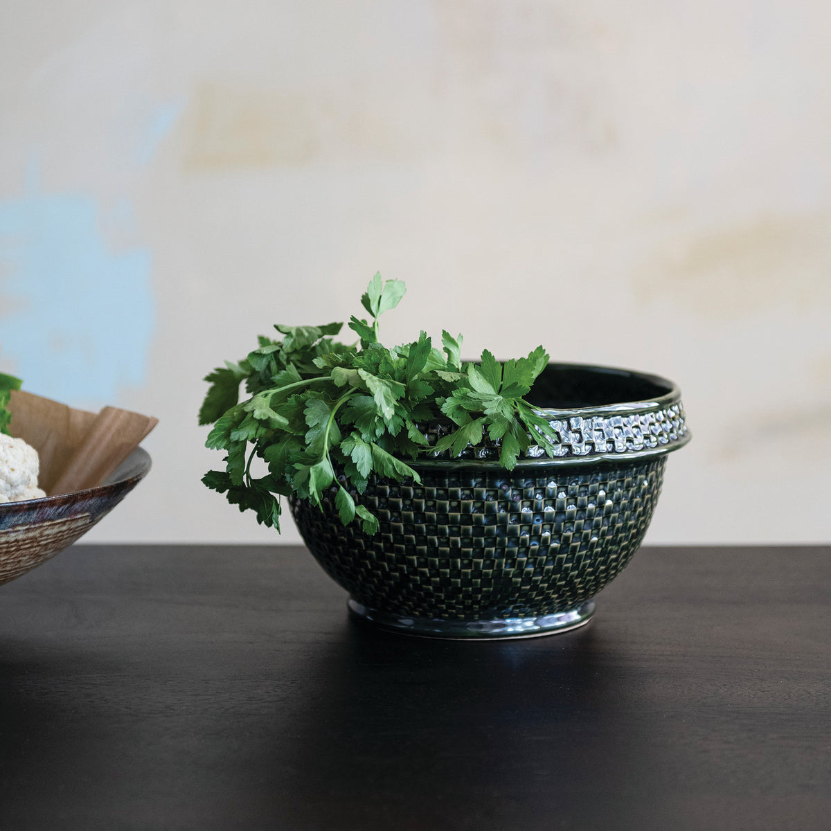 Green Basket Weave Stoneware Bowl