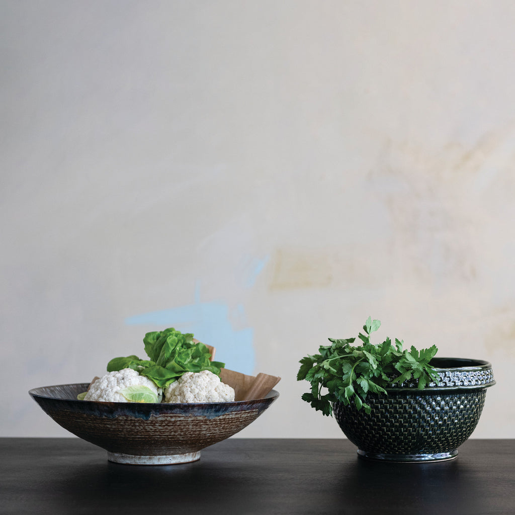 Green Basket Weave Stoneware Bowl