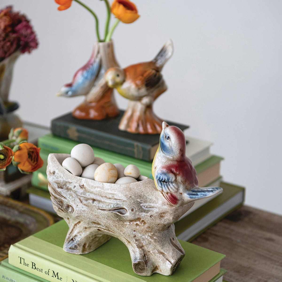 Vintage-Inspired Stoneware Log Container with Bird