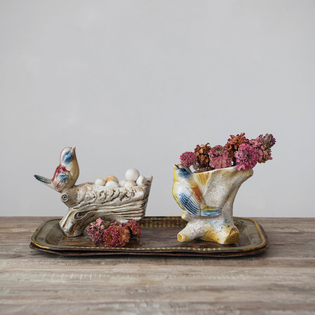 Vintage-Inspired Stoneware Log Container with Bird