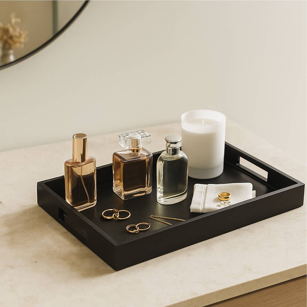 Decorative Tray - Black Wood/Glass Modern Solid, 18 in.