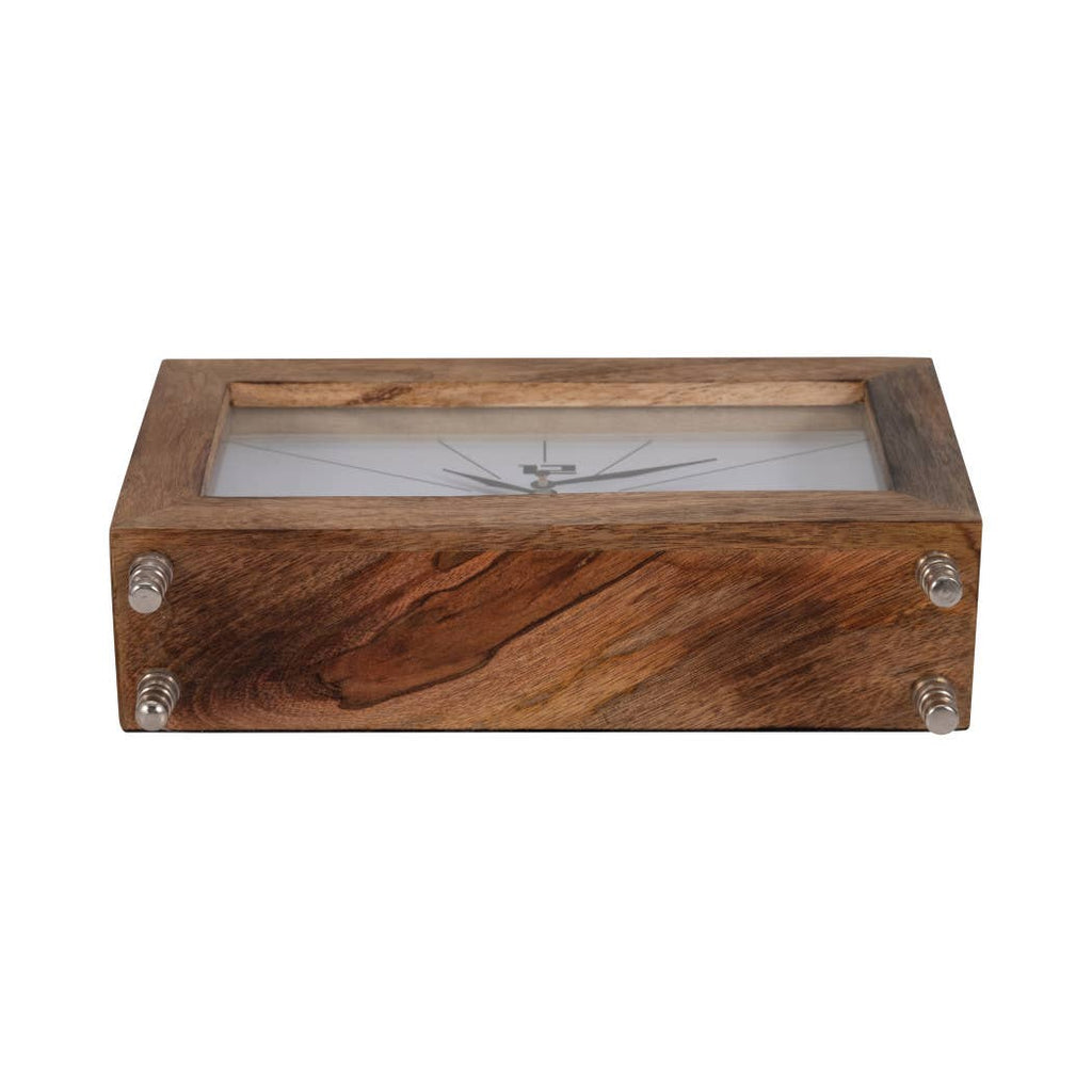 Table Clock - Brown Wood Rectangular with Ring, 10 in.