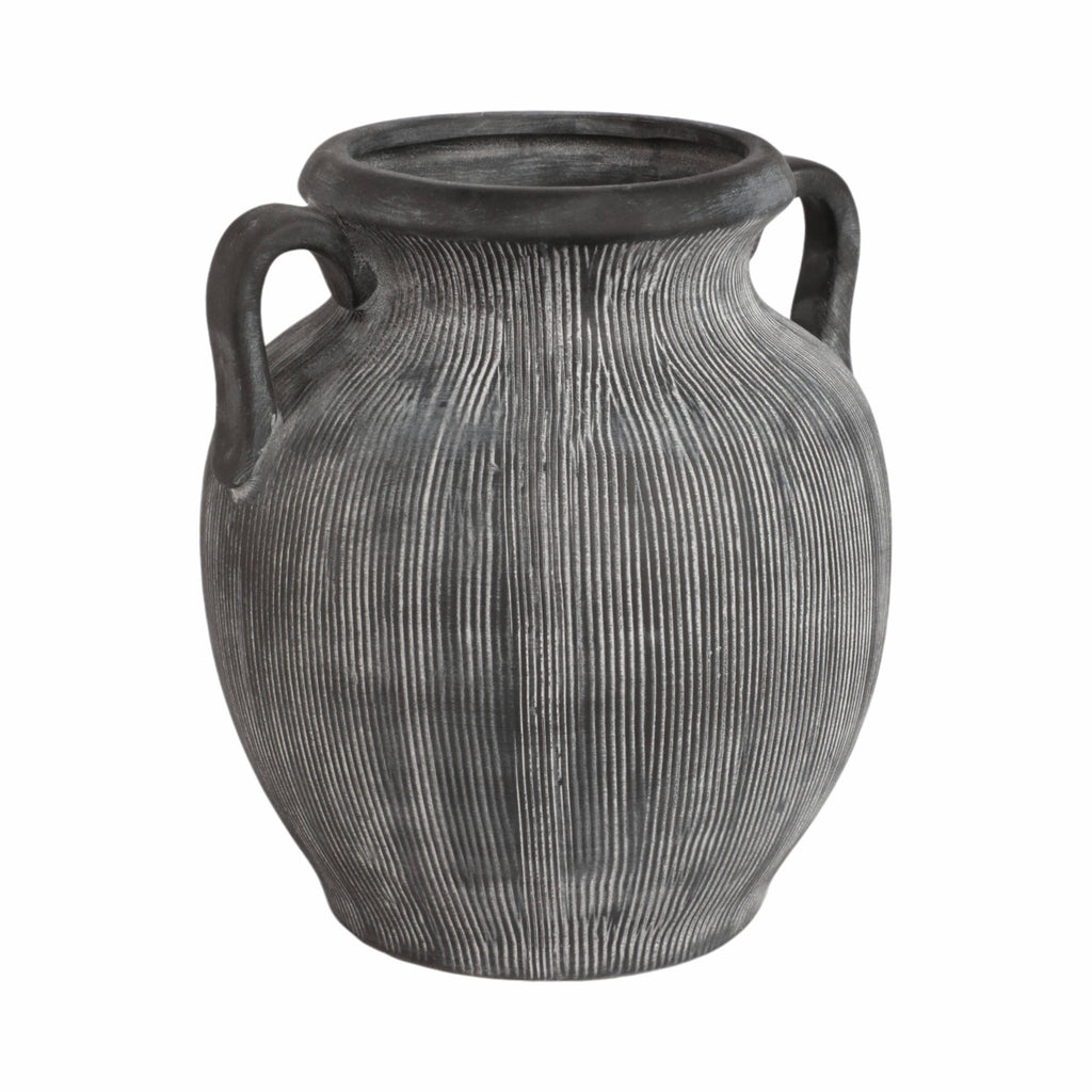 Black Ribbed Stoneware Vase with Handle, 10 in.