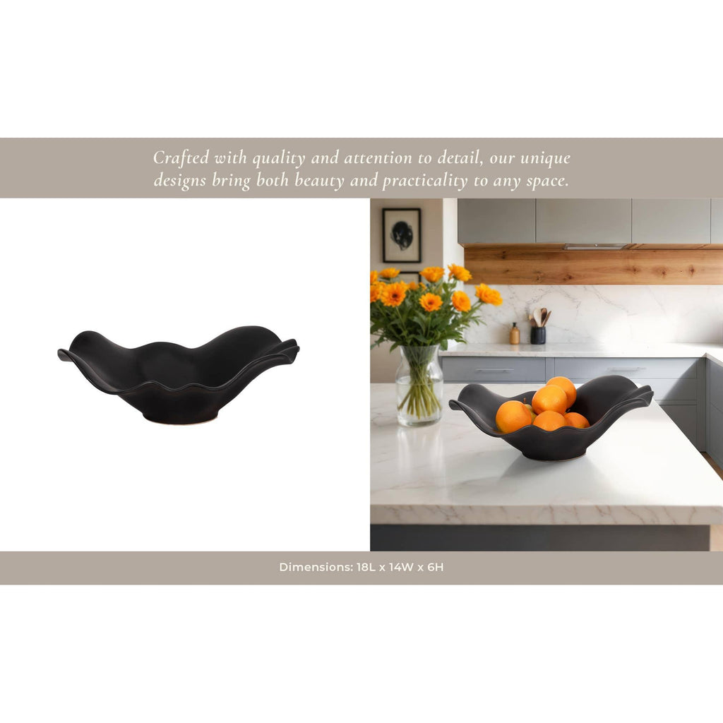 Bowl - Black Ceramic Ruffled Edge Matte Finish, 18 in.