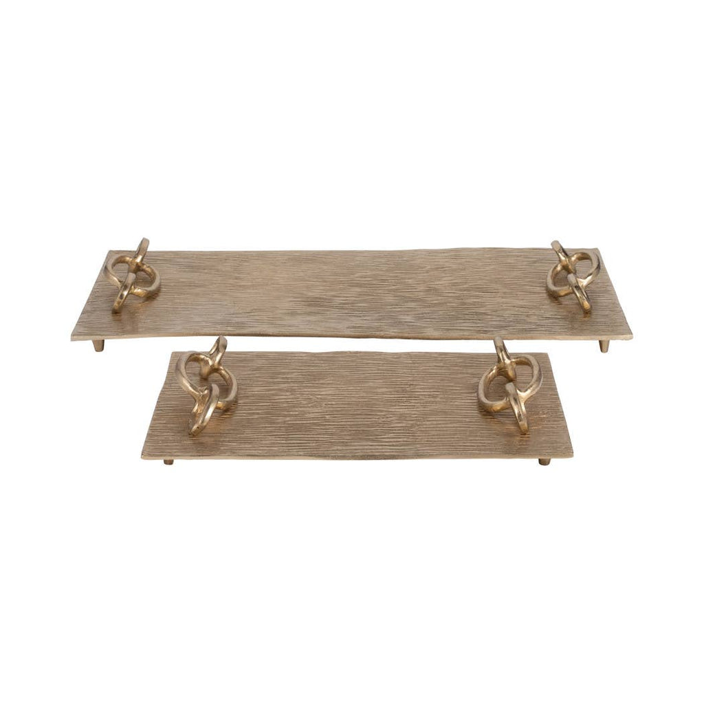 Decorative Gold Metal Link Handled Trays, Two Sizes