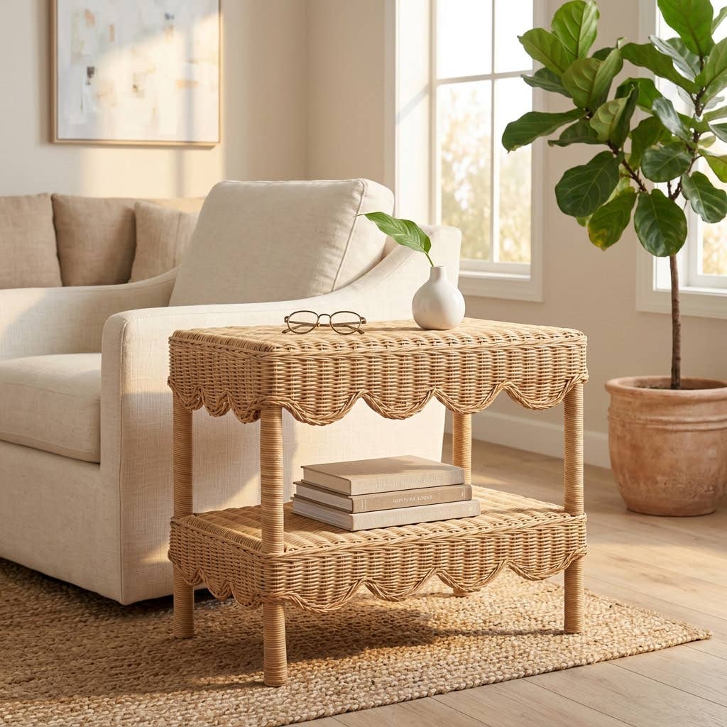 Side Table - Tan/Brown Wicker with Scalloped Edges, 19 in.
