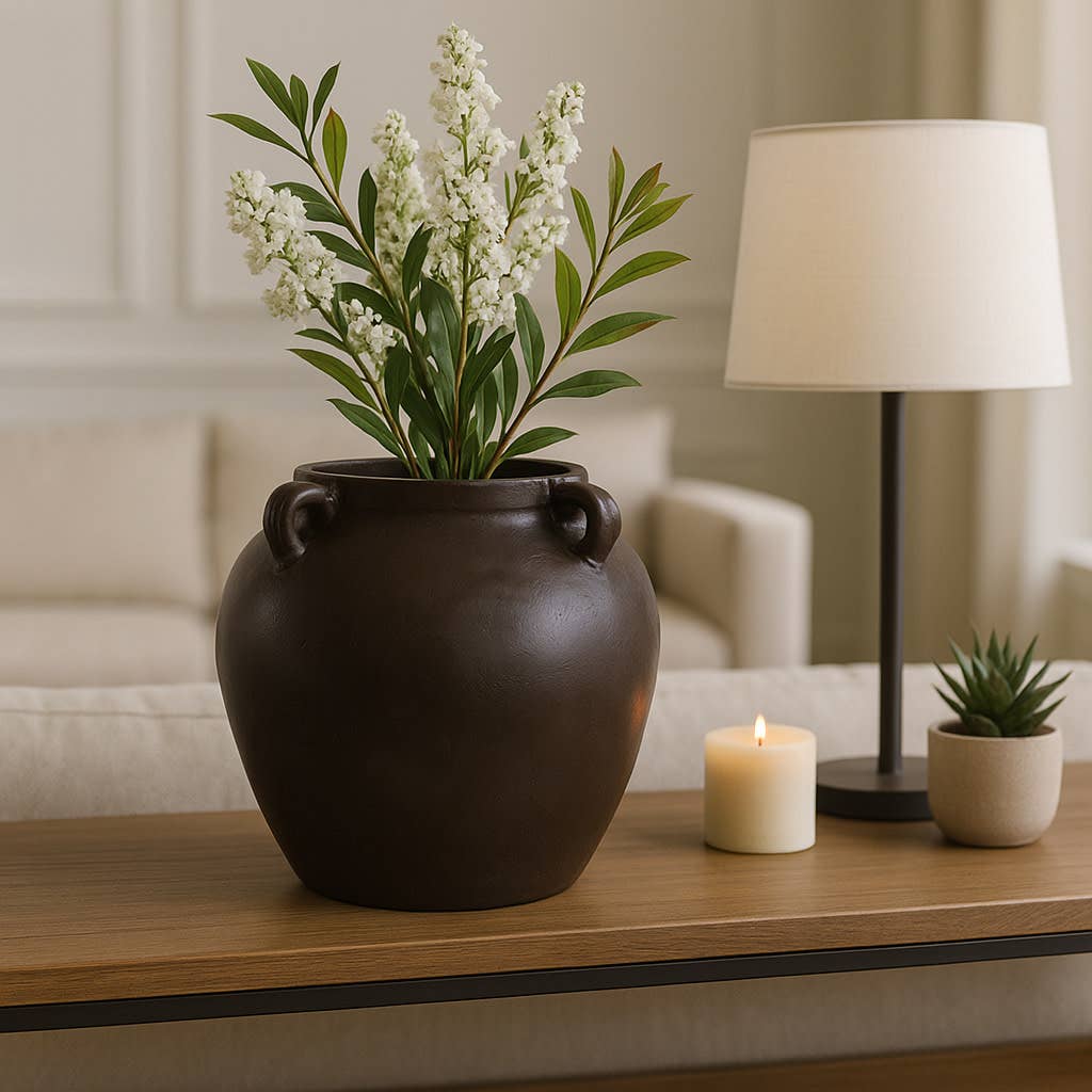 Decorative Vase - Brown Pottery Textured 4-Handle, 14 in.
