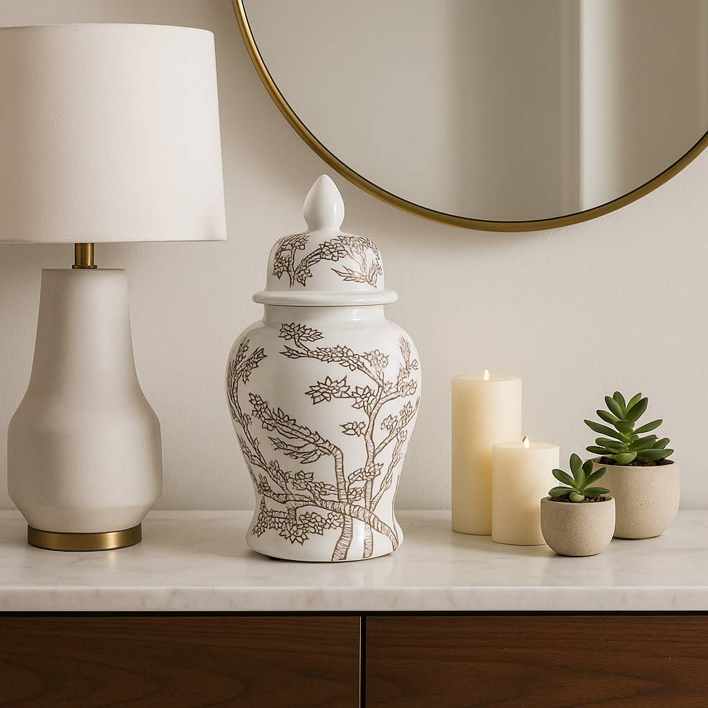 Temple Jar - White/Brown Ceramic Cherry Blossom, 15 in.