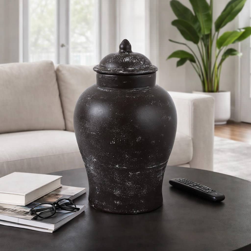 Decorative Jar - Brown Terracotta Tall with Lid, 15 in.