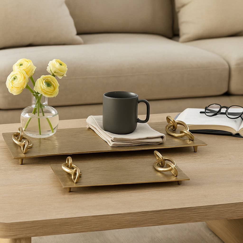 Decorative Gold Metal Link Handled Trays, Two Sizes