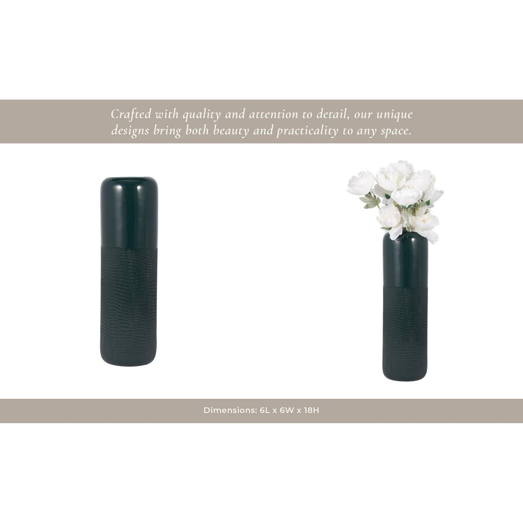 Green Grooved Ceramic Vase with Rounded Rim, 18 in.
