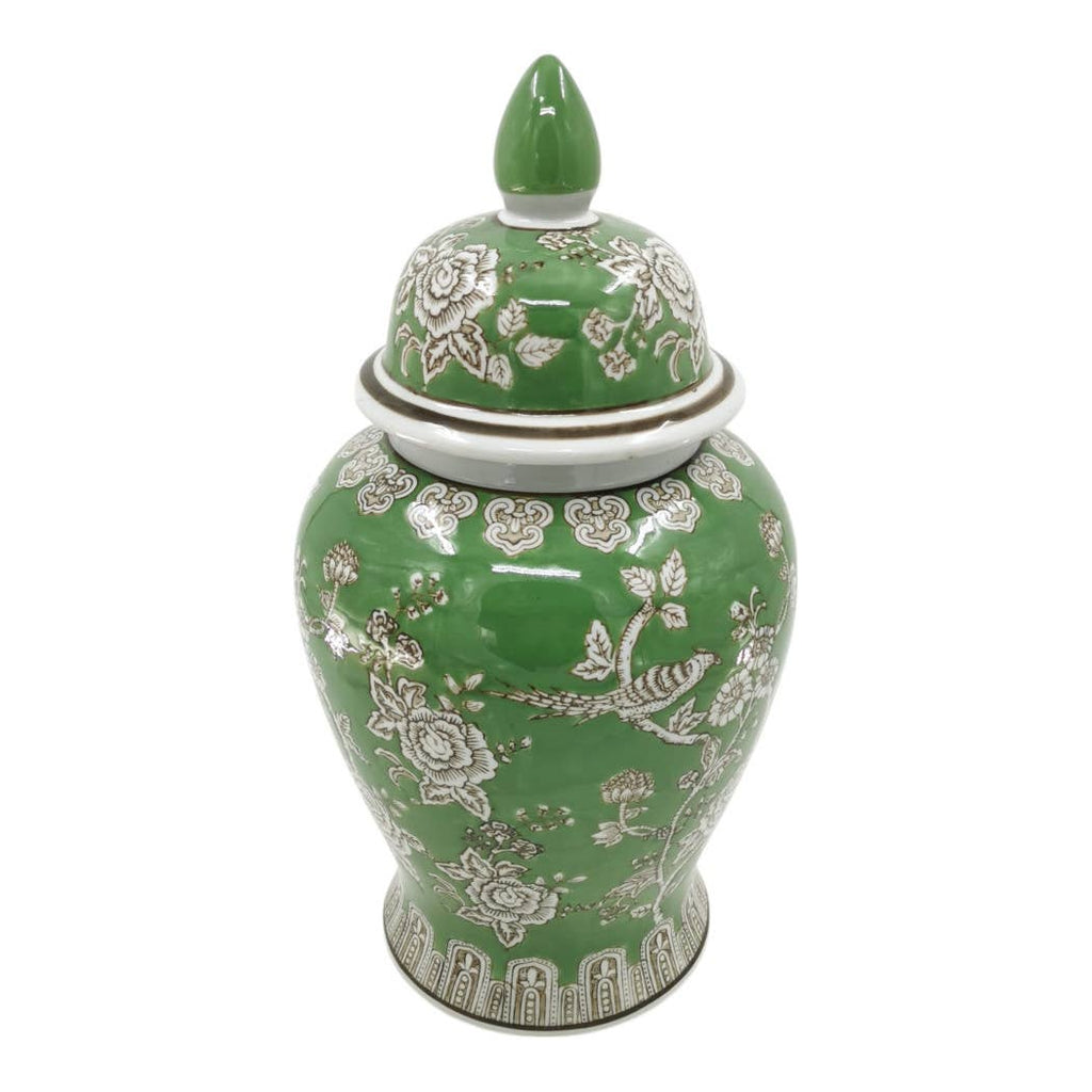 Green and Brown Bird and Flower Ceramic Jar, 18 in.