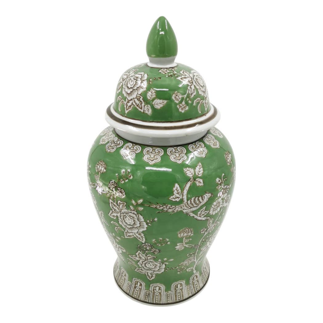 Green and Brown Bird and Flower Ceramic Jar, 18 in.