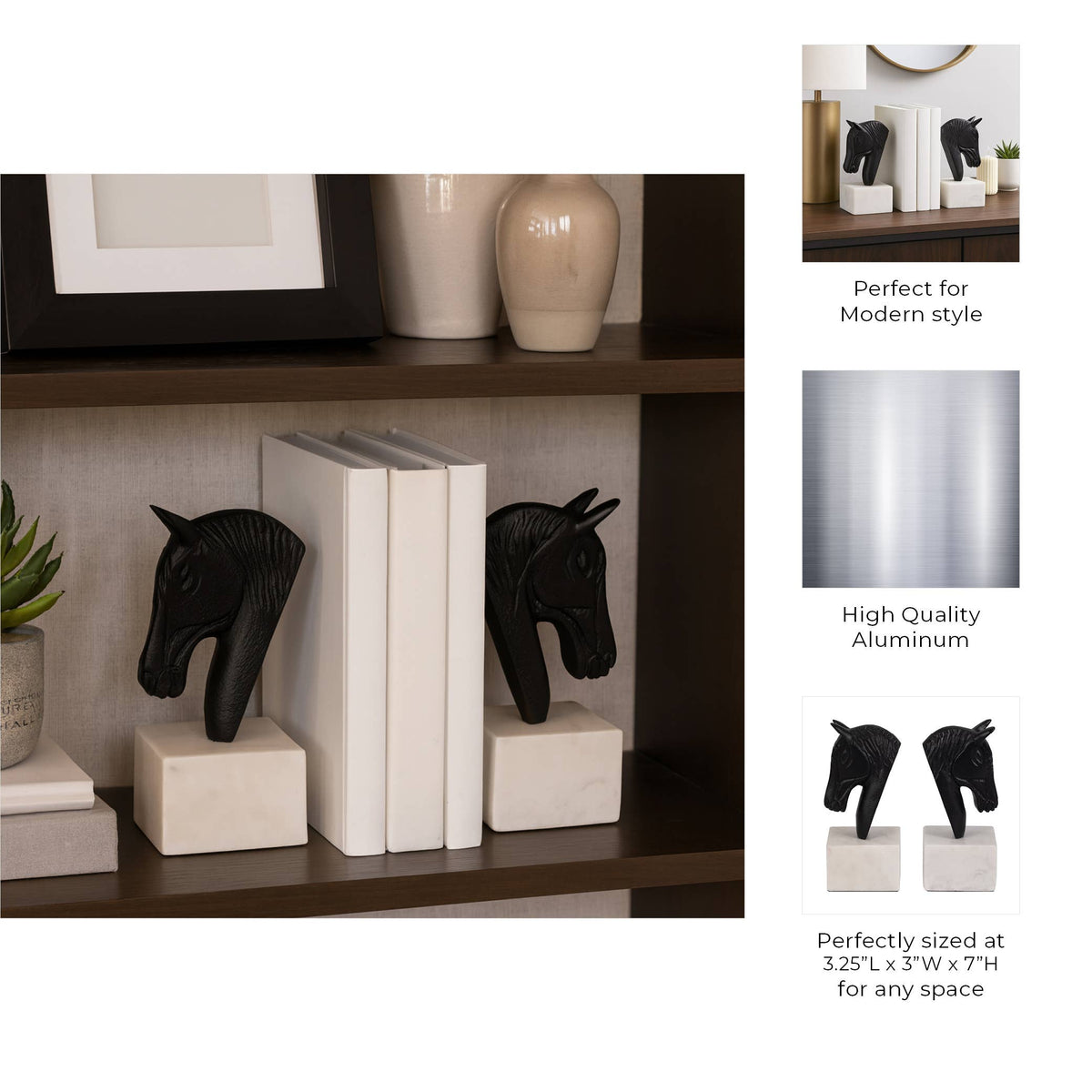 Bookends Set of 2 - White/Black Metal Horse Head, 7 in.