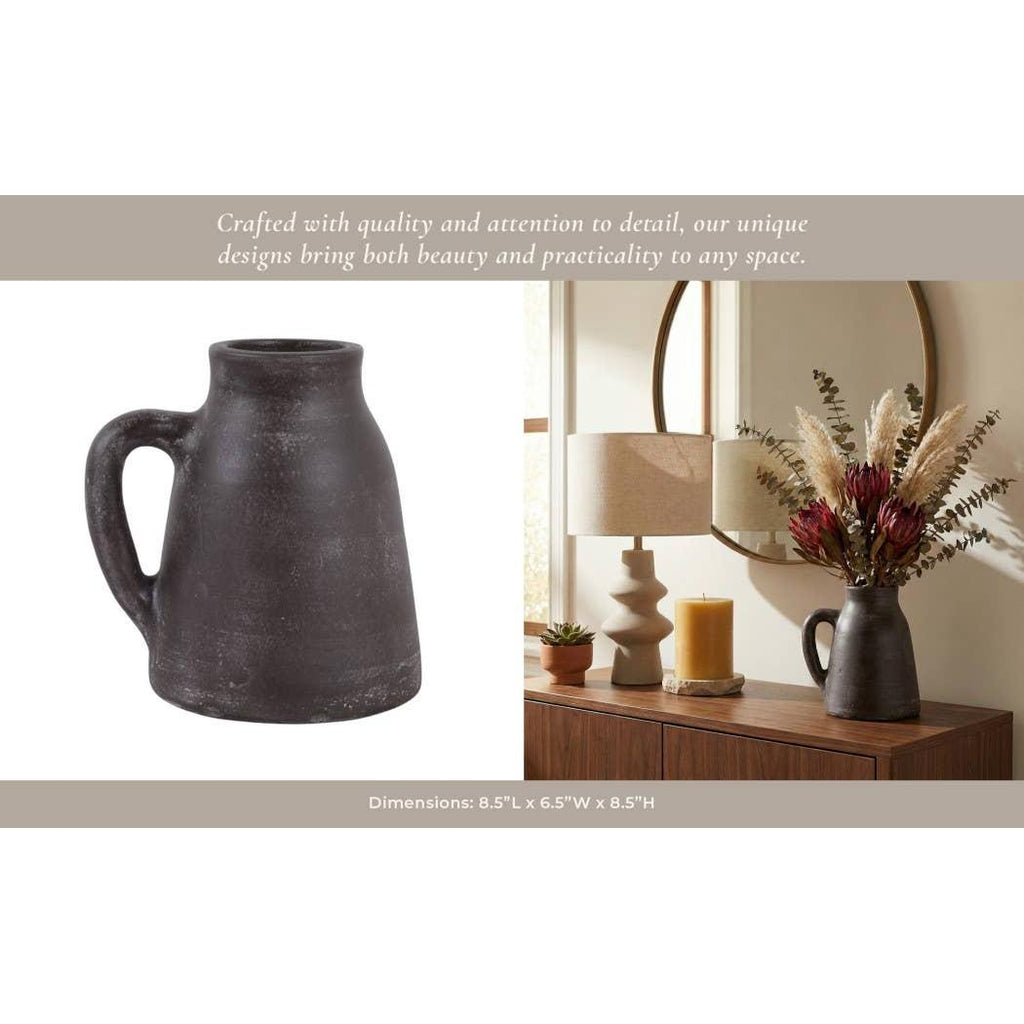 Decorative Vase - Brown Ceramic Handmade with Handle, 8 in.