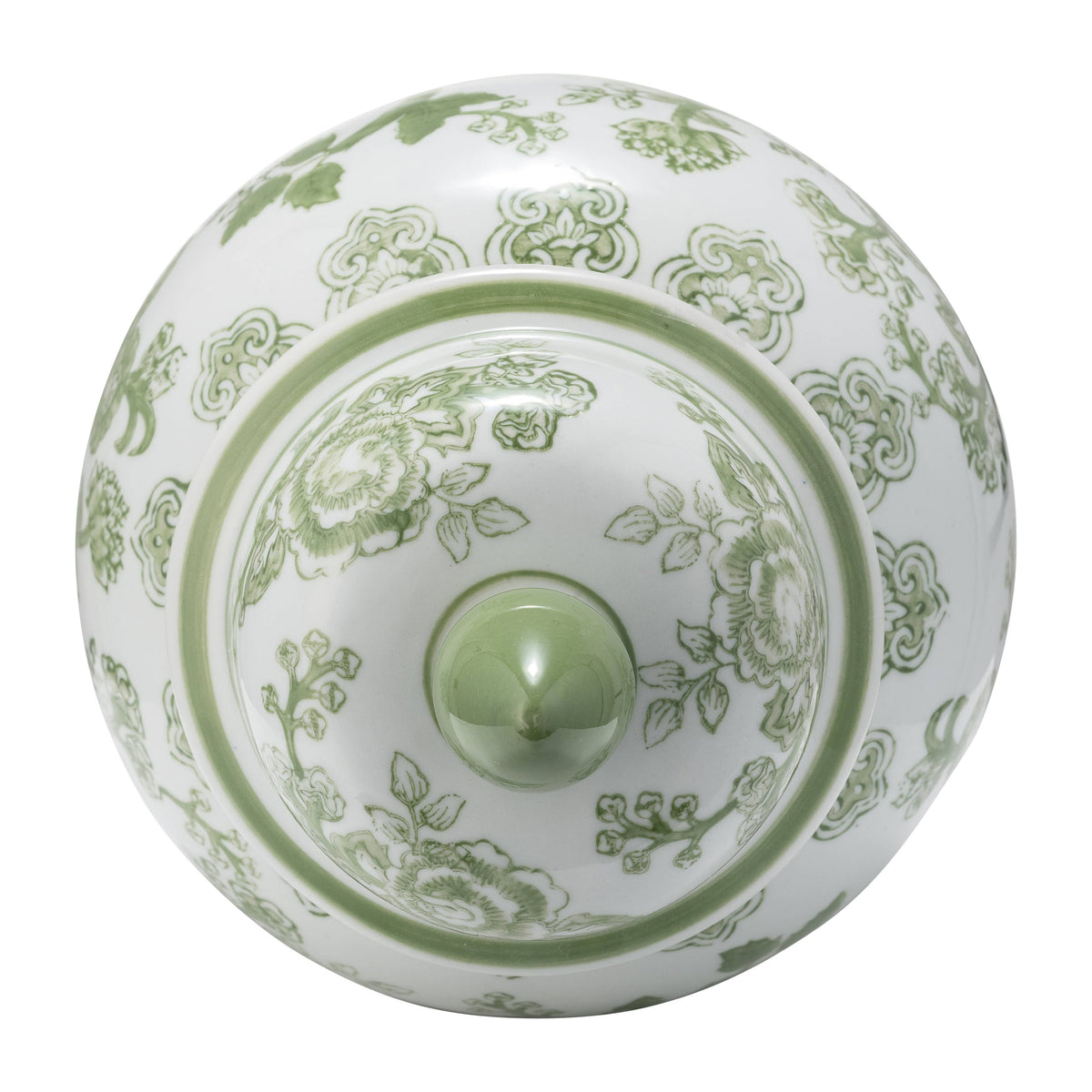 Green and White Round Floral Chinoiserie Jar, 14 in.