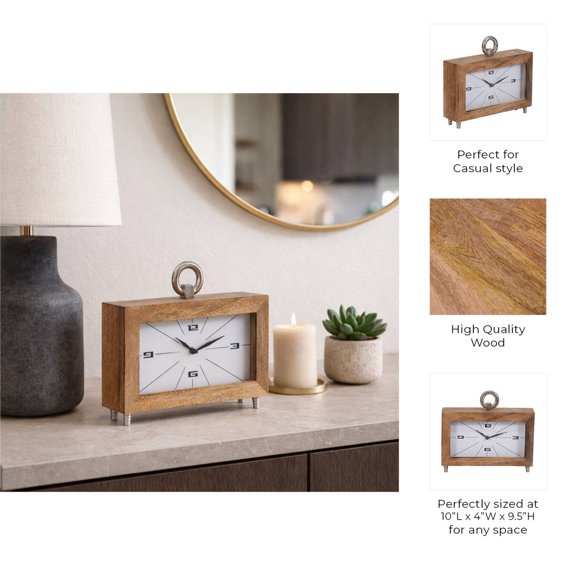 Table Clock - Brown Wood Rectangular with Ring, 10 in.