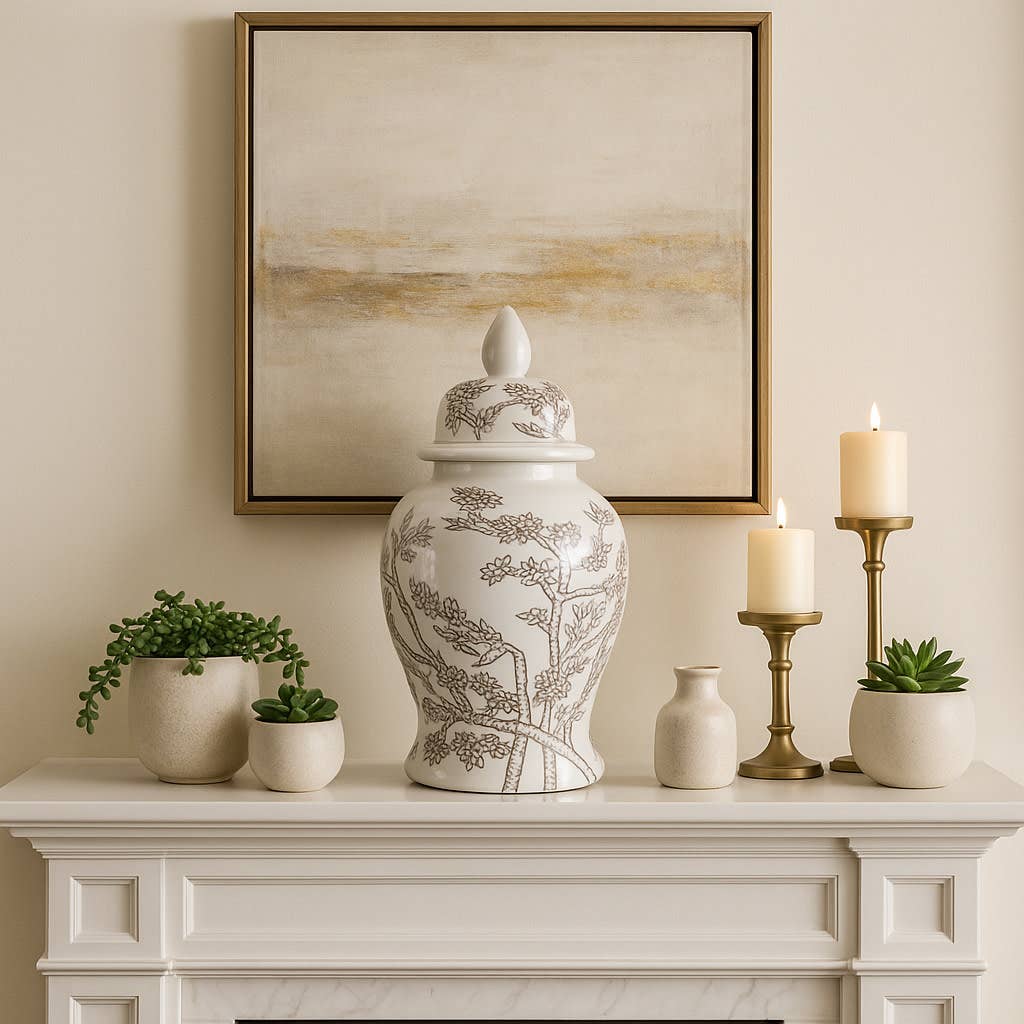 Temple Jar - White/Brown Ceramic Cherry Blossom, 15 in.