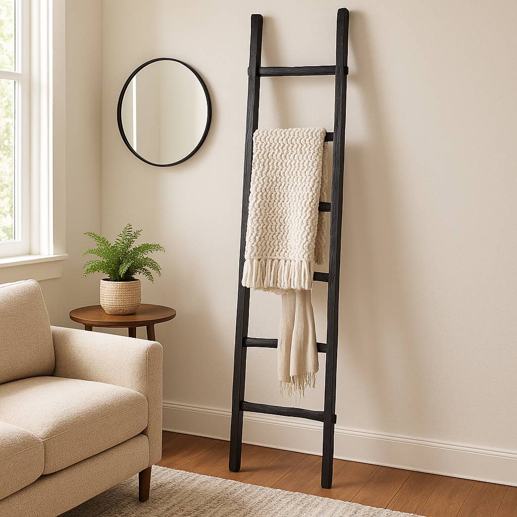 Wood Freestanding Decorative Blanket Ladder - Black, 76 in.