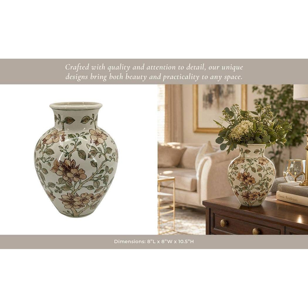 Decorative Vase - Brown/Green Ceramic Cherry Blossom 10.25in