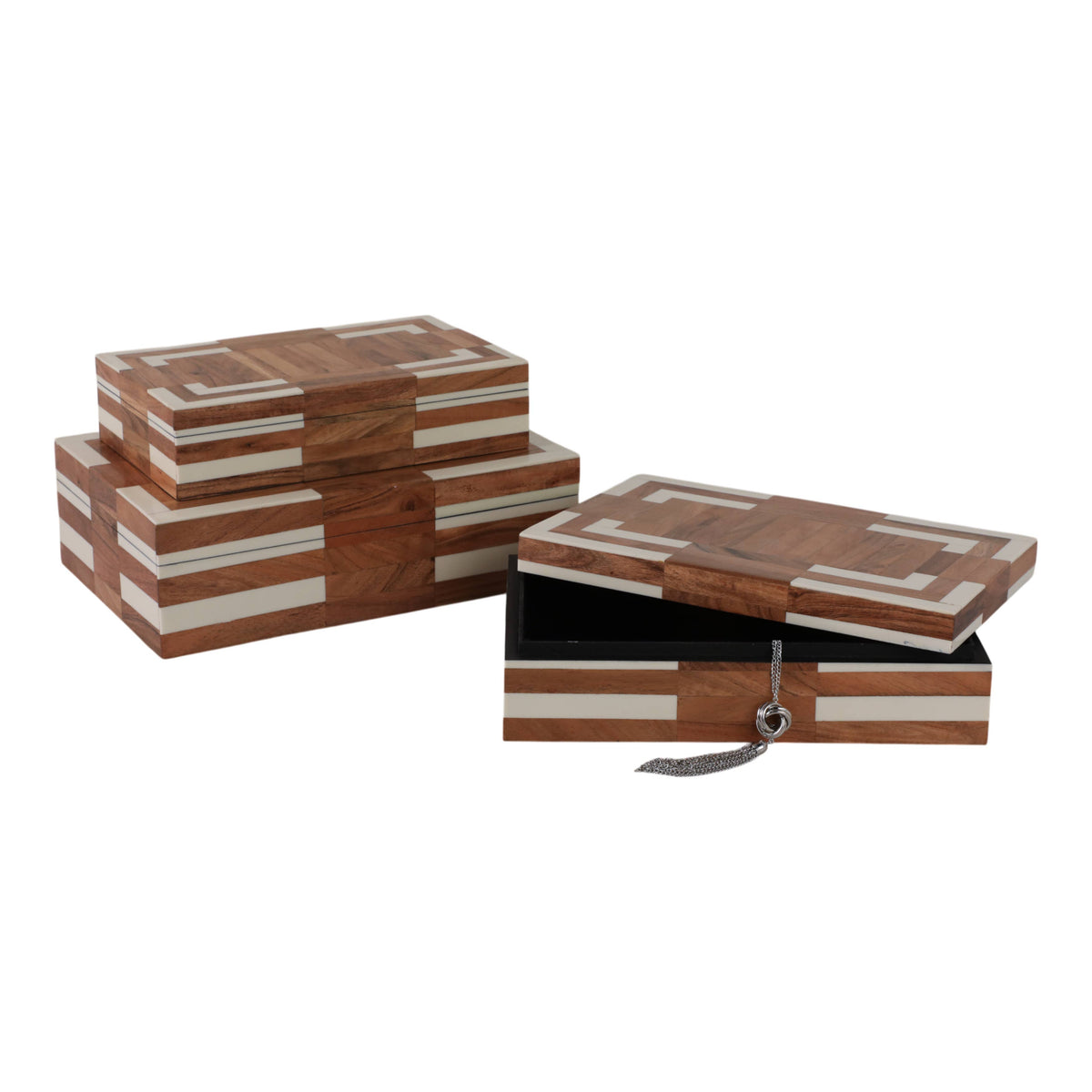 Decorative Boxes Set of 3 - Ivory Wooden Inlay, 10/11/12 in.