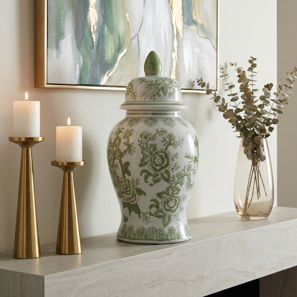 Green and White Round Floral Chinoiserie Jar, 14 in.
