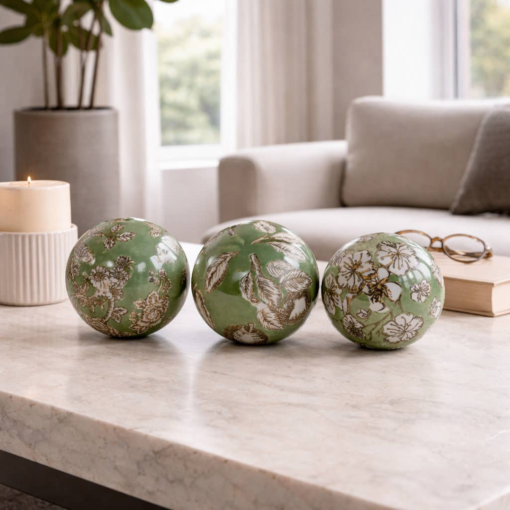 Objects Set of 3 - Green/White Ceramic Chinoiserie Orb, 5 in.