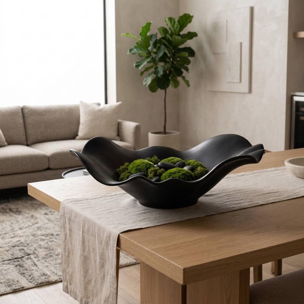 Bowl - Black Ceramic Ruffled Edge Matte Finish, 18 in.