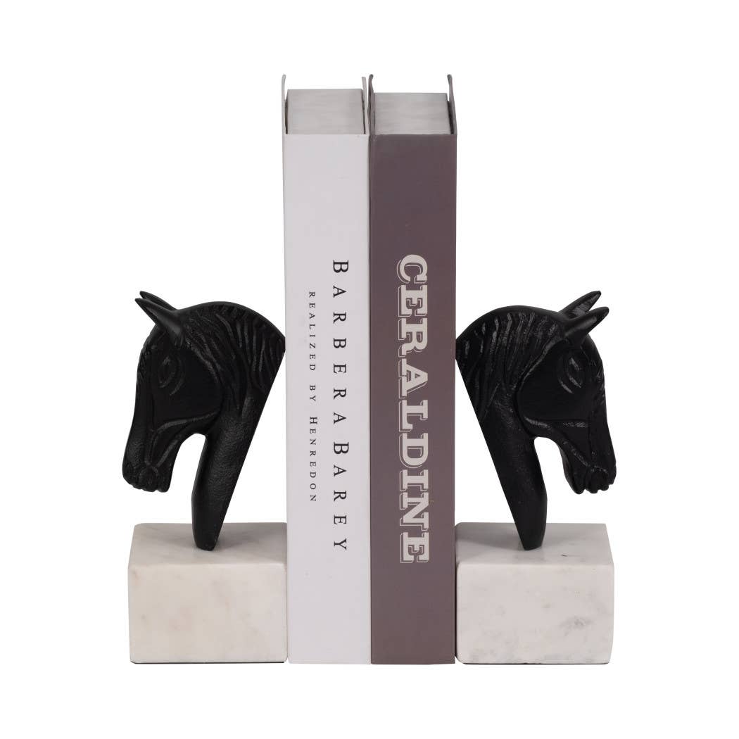Bookends Set of 2 - White/Black Metal Horse Head, 7 in.