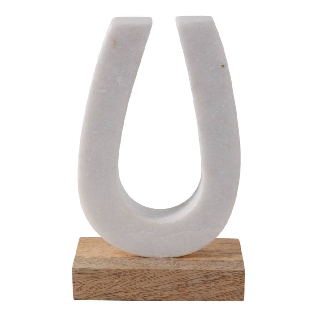 White and Brown Marble Horseshoe Figurine on Wood Base, 8 in.