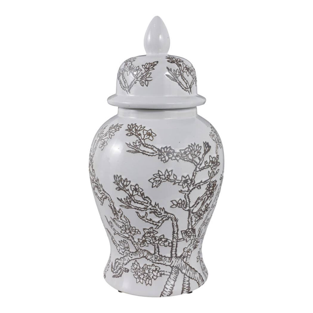Temple Jar - White/Brown Ceramic Cherry Blossom, 15 in.