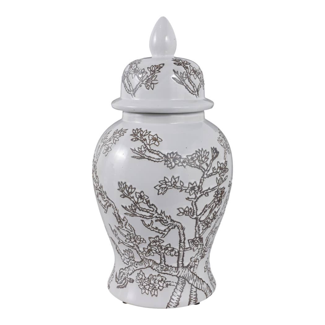 Temple Jar - White/Brown Ceramic Cherry Blossom, 15 in.