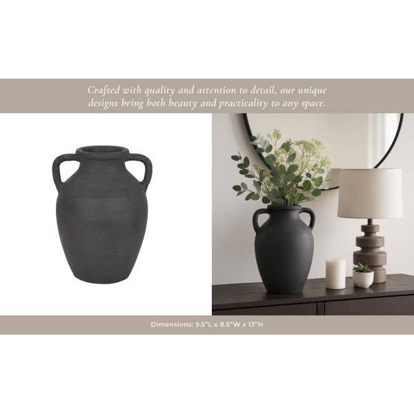 Decorative Vase - Black Terracotta with Handles, 13 in.