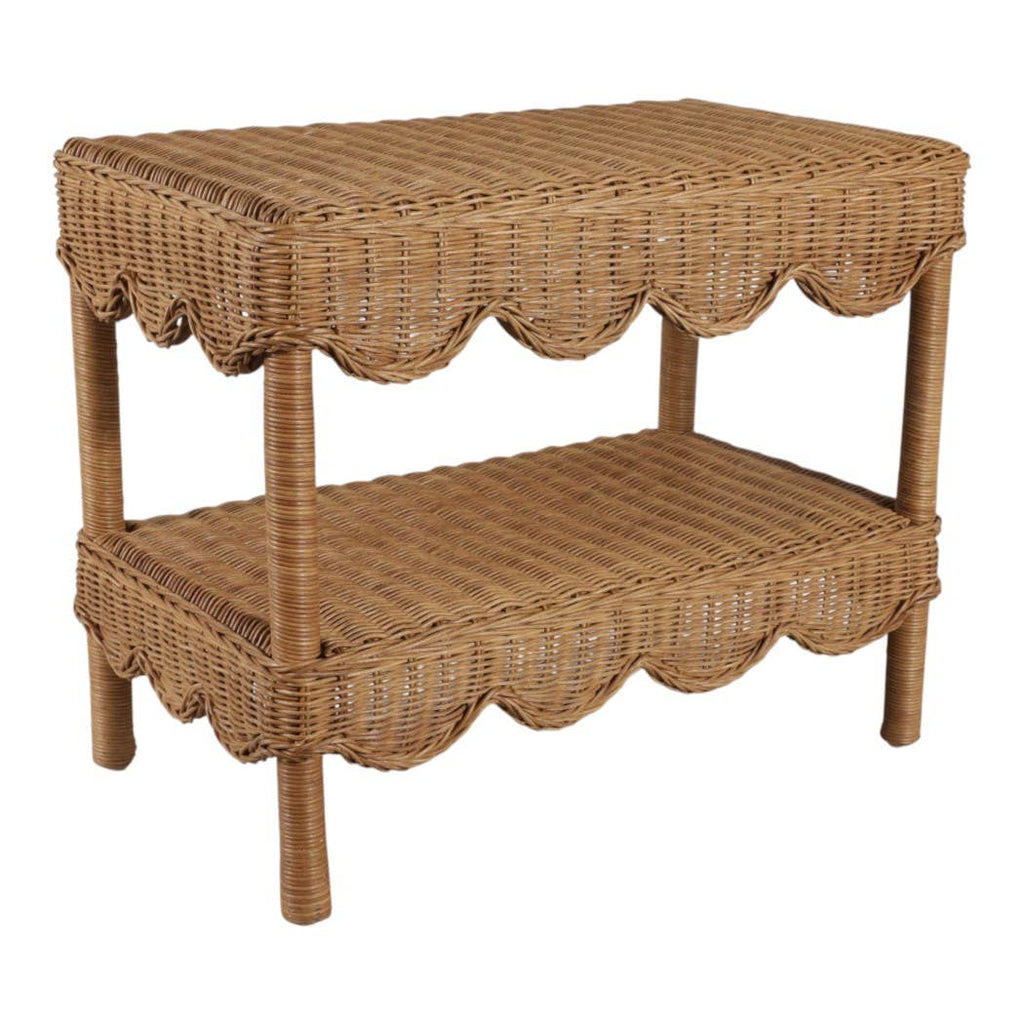 Side Table - Tan/Brown Wicker with Scalloped Edges, 19 in.