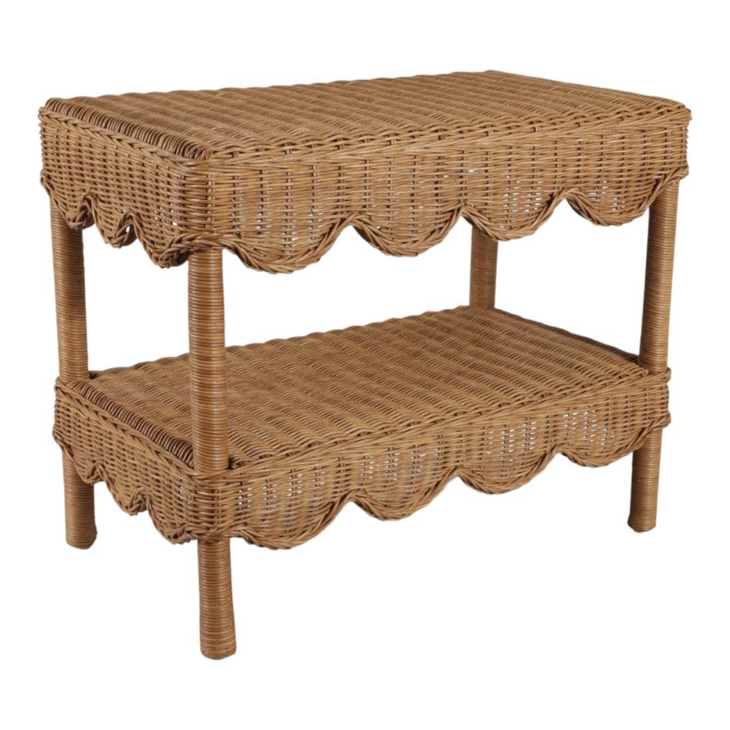 Side Table - Tan/Brown Wicker with Scalloped Edges, 19 in.
