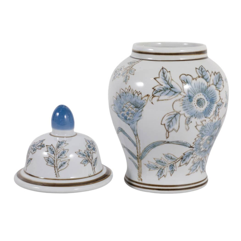Decorative Jar - Blue/Brown Ceramic Floral Chinoiserie, 11 in.