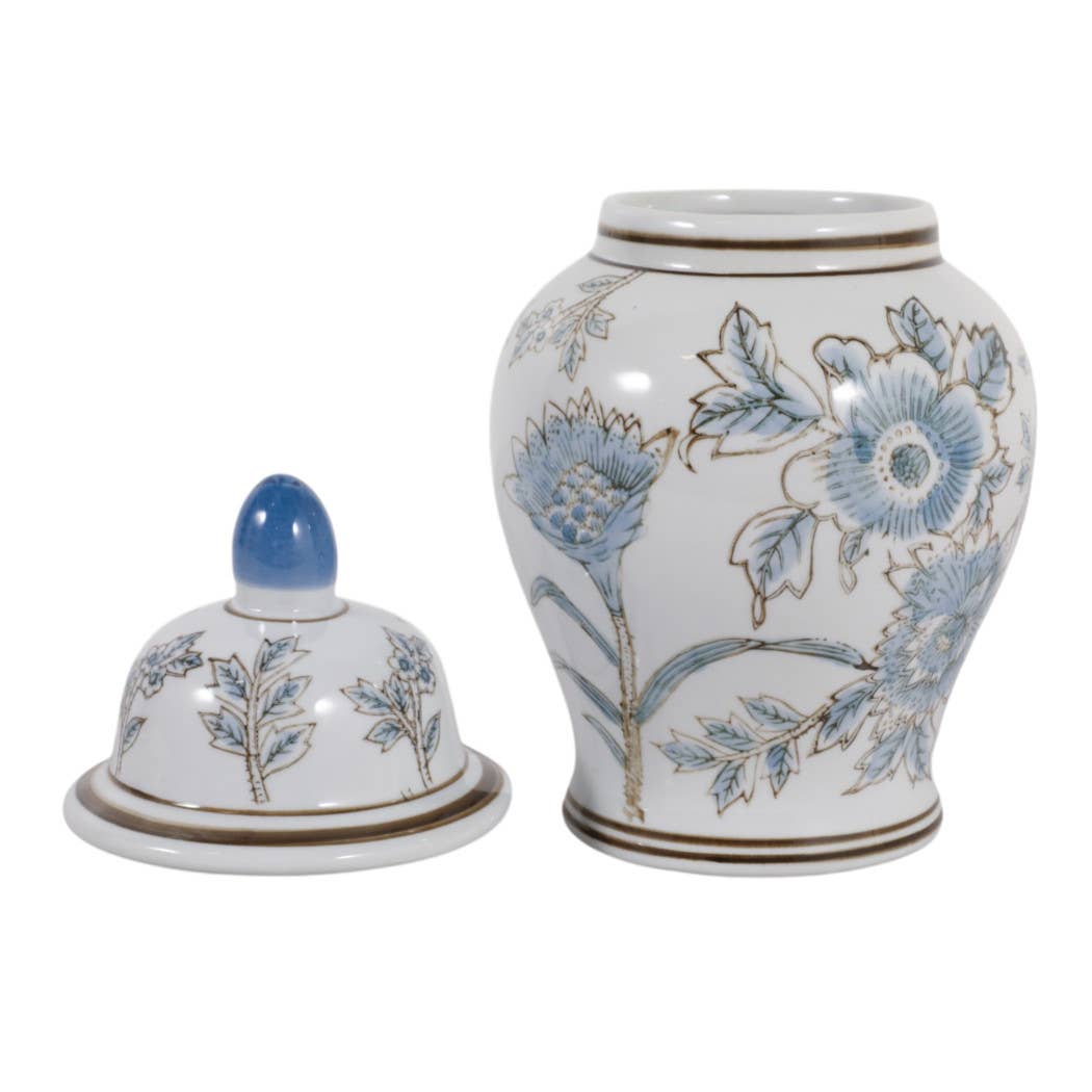 Decorative Jar - Blue/Brown Ceramic Floral Chinoiserie, 11 in.