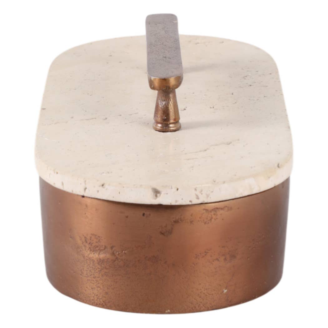 Decorative Box - Tan/Bronze Travertine Oval with Lid, 12 in.