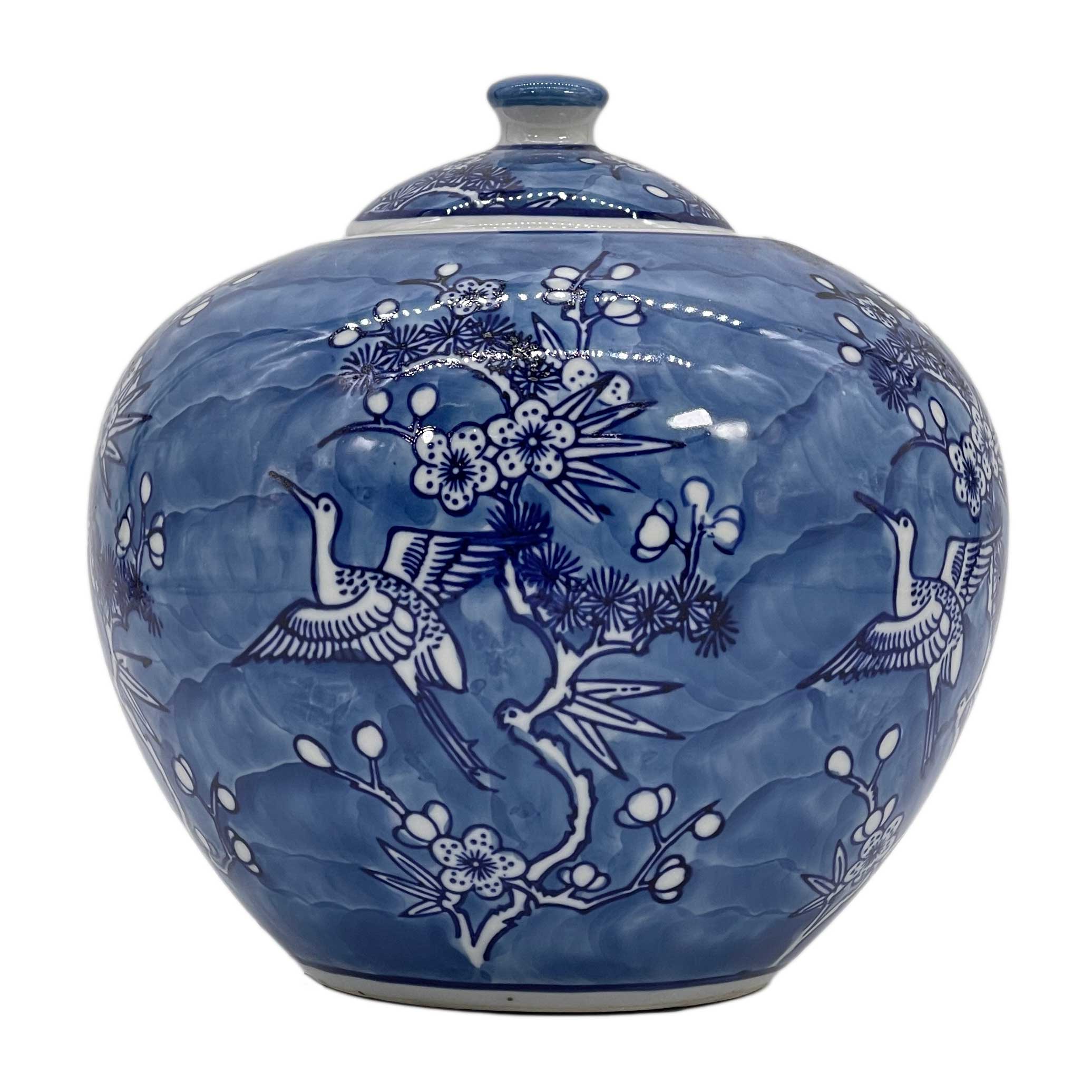 Blue & White Crane Porcelain Chinoiserie Ginger Jar 8"