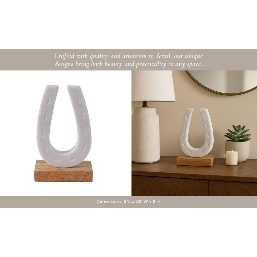 White and Brown Marble Horseshoe Figurine on Wood Base, 8 in.